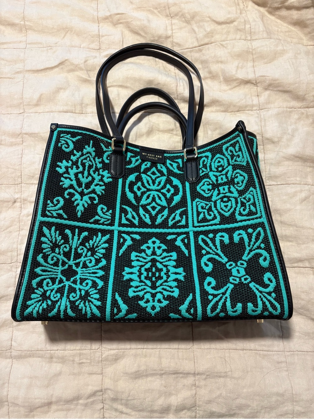 NWOT- My-Best Bag Firenze Embroidered Black and Teal Tote Bag with Top Handles